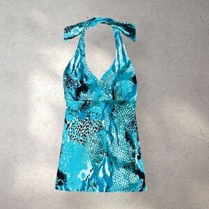Gottex Blue Aqua Blue Snake Skin Print Halter Swim Top